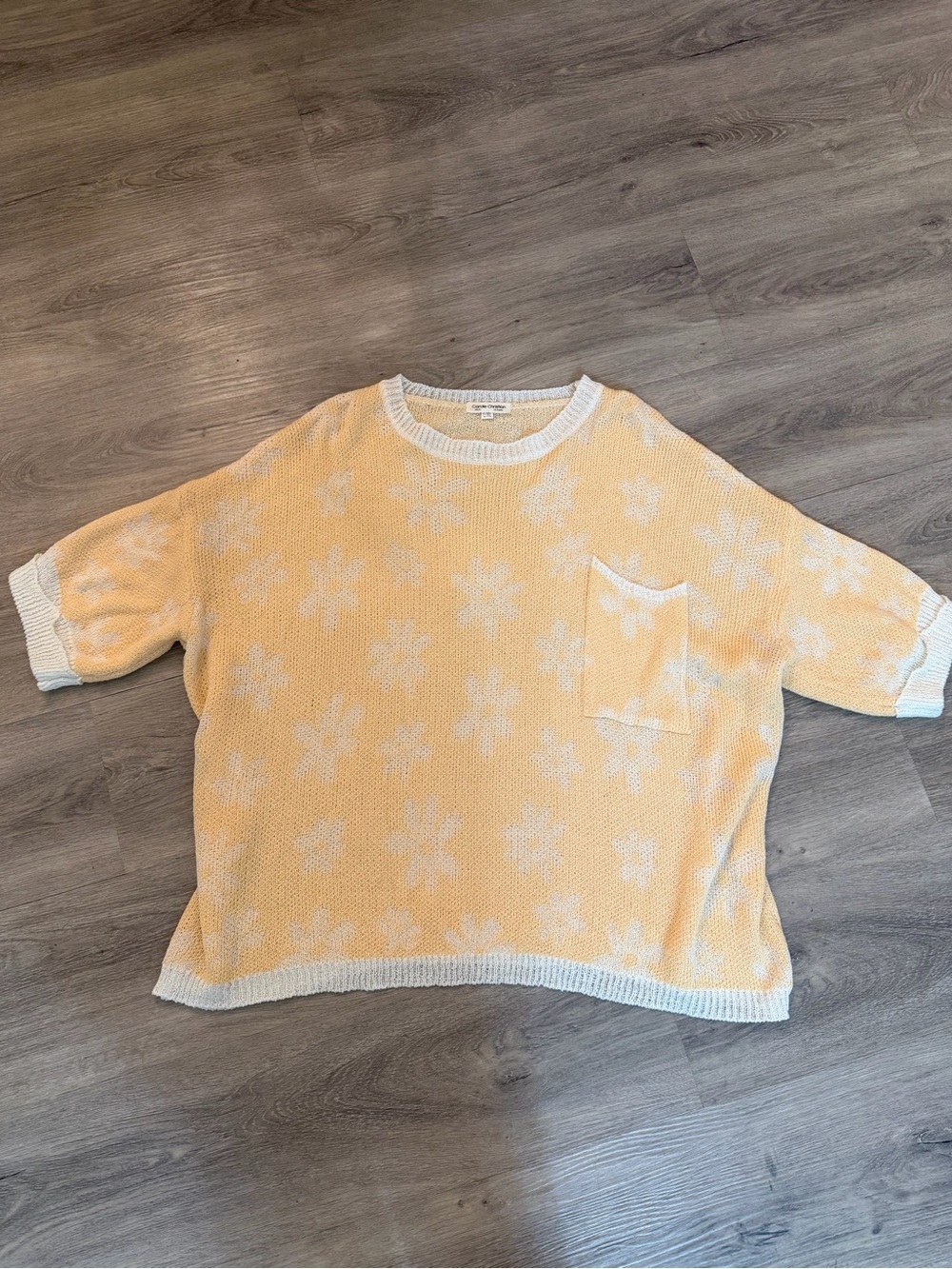 Yellow Floral Knit Pocket Sweater - Oversized Crew Neck